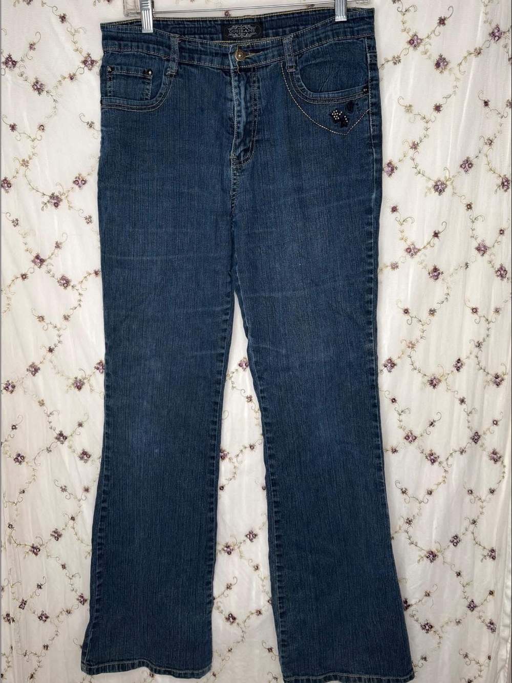 Dark Blue Flare Jeans with Subtle Embellishment